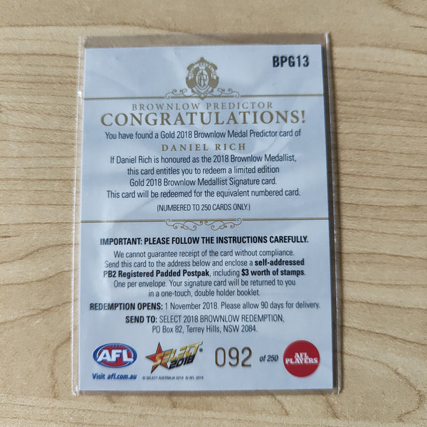 2018 Select Footy Stars Gold Brownlow Predictor Daniel Rich Brisbane 092/250