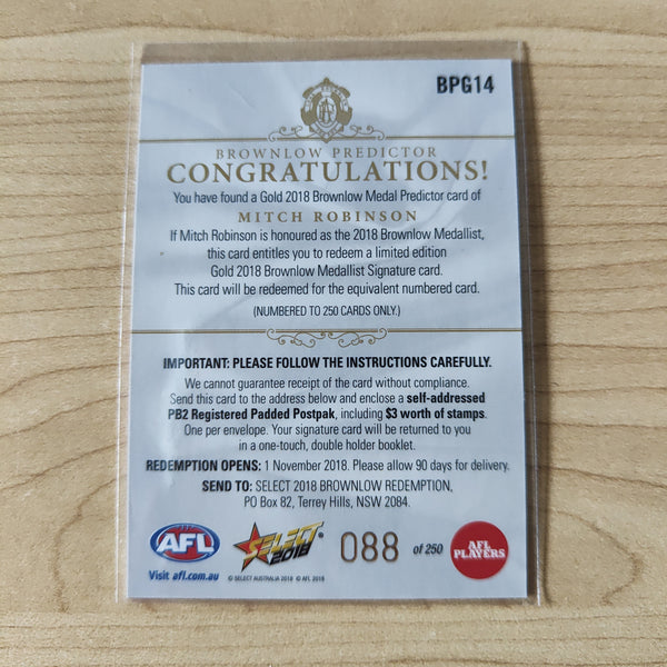 2018 Select Footy Stars Gold Brownlow Predictor Mitch Robinson Brisbane 088/250
