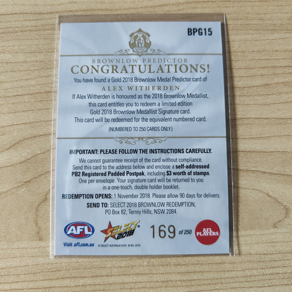 2018 Select Footy Stars Gold Brownlow Predictor Alex Witherden Brisbane 169/250