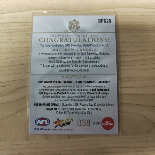 2018 Select Footy Stars Gold Brownlow Predictor Marthew Kreuzer Carlton 038/250