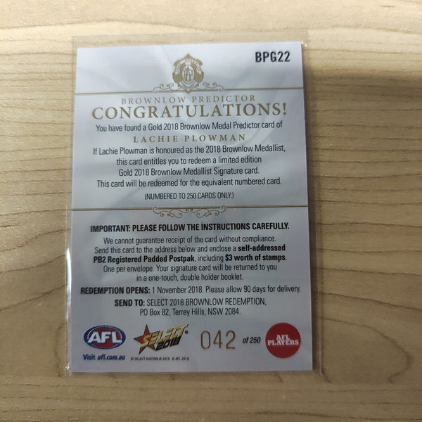 2018 Select Footy Stars Gold Brownlow Predictor Lachie Plowman Carlton 042/250