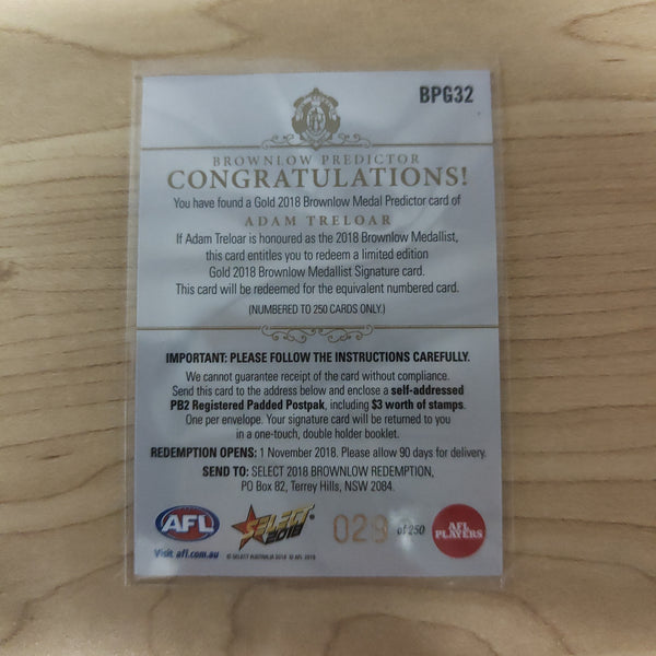 2018 Select Footy Stars Gold Brownlow Predictor Adam Treloar Collingwood 029/250