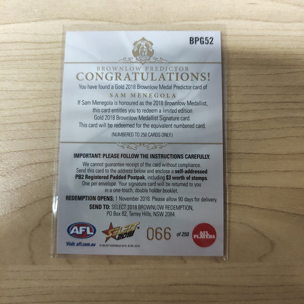 2018 Select Footy Stars Gold Brownlow Predictor Sam Menegola Geelong 066/250