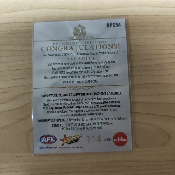 2018 Select Footy Stars Gold Brownlow Predictor Zac Smith Geelong 114/250