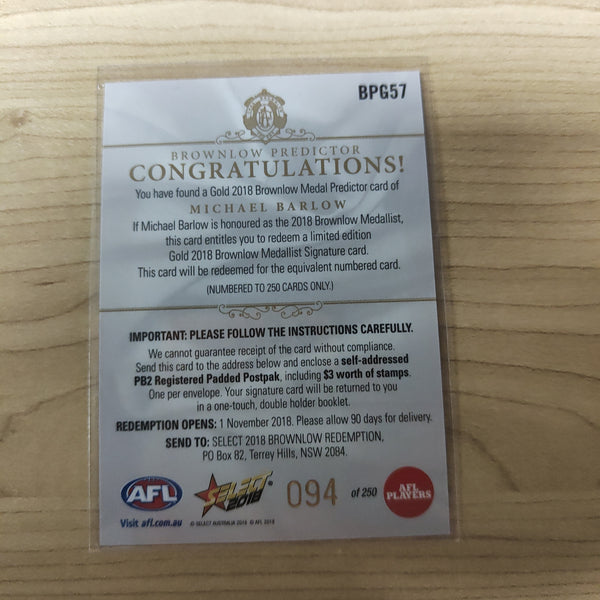 2018 Select Footy Stars Gold Brownlow Predictor Michael Barlow Gold Coast Suns 094/250