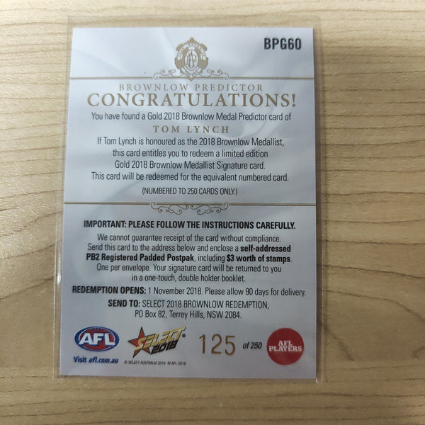 2018 Select Footy Stars Gold Brownlow Predictor Tom Lynch Gold Coast Suns 125/250