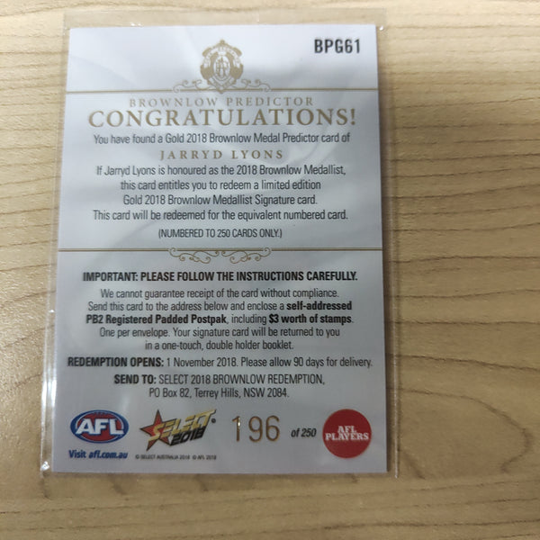 2018 Select Footy Stars Gold Brownlow Predictor Jarryd Lyons Gold Coast Suns 196/250