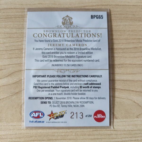 2018 Select Footy Stars Gold Brownlow Predictor Jeremy Cameron GWS 213/250