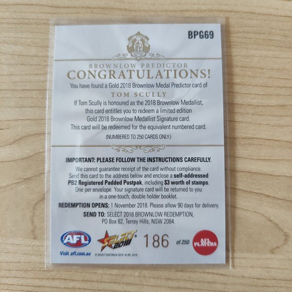 2018 Select Footy Stars Gold Brownlow Predictor Tom Scully GWS 186/250