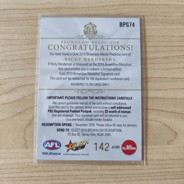 2018 Select Footy Stars Gold Brownlow Predictor Ricky Henderson Hawthorn 142/250