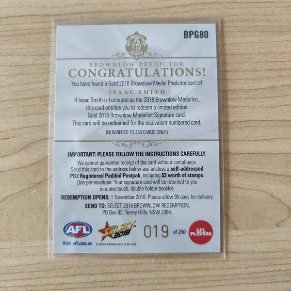 2018 Select Footy Stars Gold Brownlow Predictor Isaac Smith Hawthorn 019/250