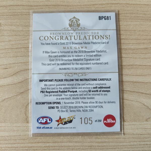 2018 Select Footy Stars Gold Brownlow Predictor Max Gawn Melbourne 105/250