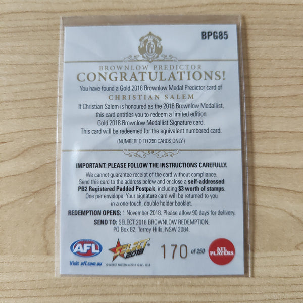 2018 Select Footy Stars Gold Brownlow Predictor Christian Salem Melbourne 170/250