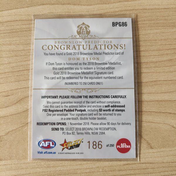 2018 Select Footy Stars Gold Brownlow Predictor Dom Tyson Melbourne 186/250