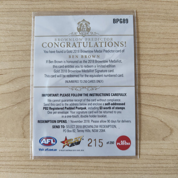 2018 Select Footy Stars Gold Brownlow Predictor Ben Brown North Melbourne 215/250