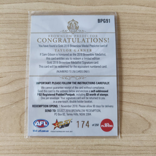 2018 Select Footy Stars Gold Brownlow Predictor Taylor Garner North Melbourne 174/250