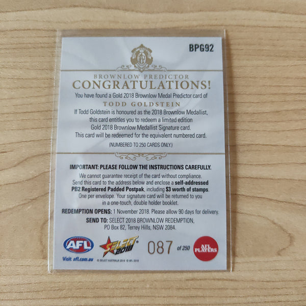 2018 Select Footy Stars Gold Brownlow Predictor Todd Goldstein North Melbourne 087/250