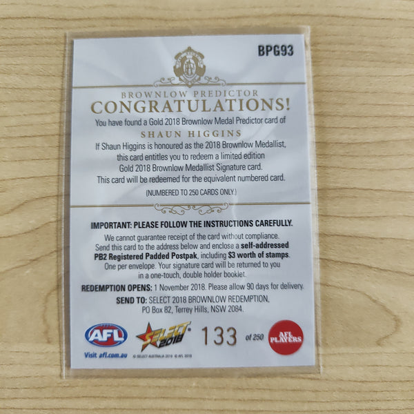 2018 Select Footy Stars Gold Brownlow Predictor Shaun Higgins North Melbourne 133/250