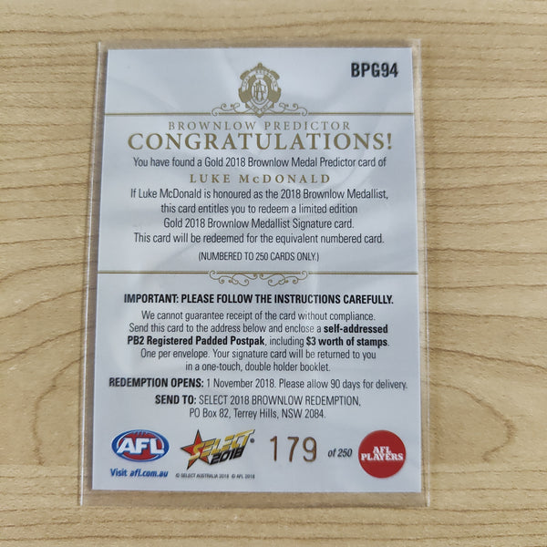 2018 Select Footy Stars Gold Brownlow Predictor Luke McDonald North Melbourne 179/250