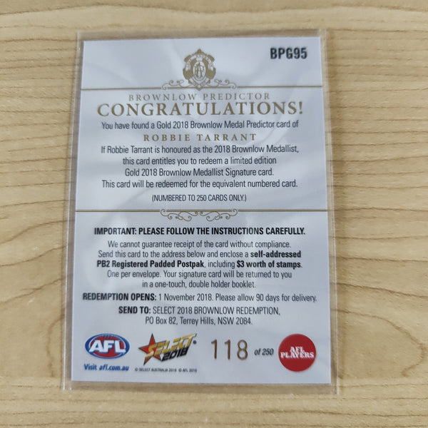 2018 Select Footy Stars Gold Brownlow Predictor Robbie Tarrant North Melbourne 118/250