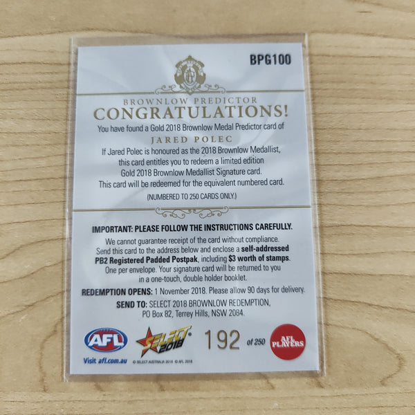 2018 Select Footy Stars Gold Brownlow Predictor Jared Polec Port Adelaide 192/250