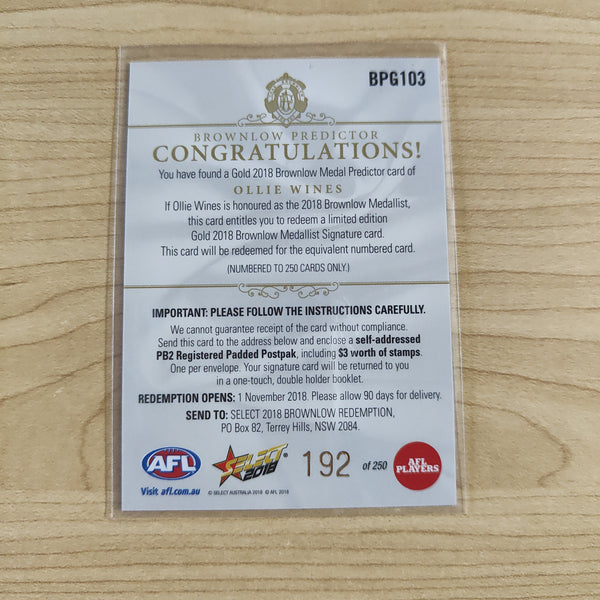 2018 Select Footy Stars Gold Brownlow Predictor Ollie Wines Port Adelaide 192/250