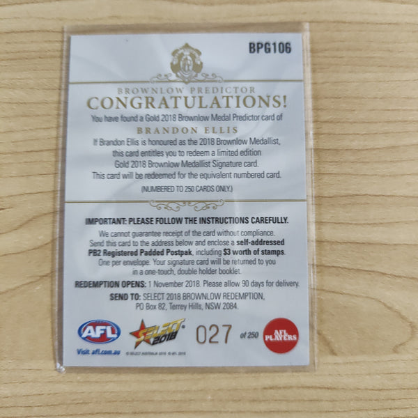 2018 Select Footy Stars Gold Brownlow Predictor Brandon Ellis Richmond 027/250