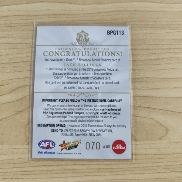 2018 Select Footy Stars Gold Brownlow Predictor Jack Billings St Kilda 070/250