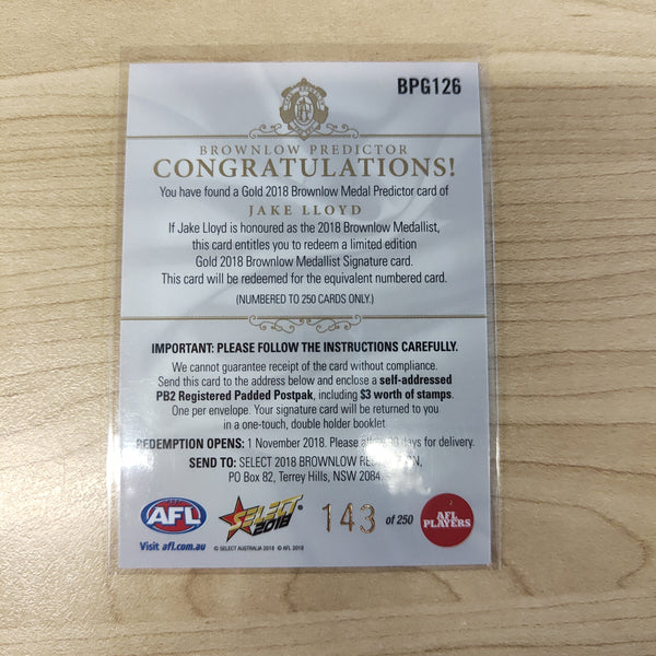 2018 Select Footy Stars Gold Brownlow Predictor Jake Lloyd Sydney 143/250