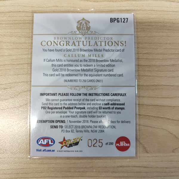2018 Select Footy Stars Gold Brownlow Predictor Callum Mills Sydney 025/250