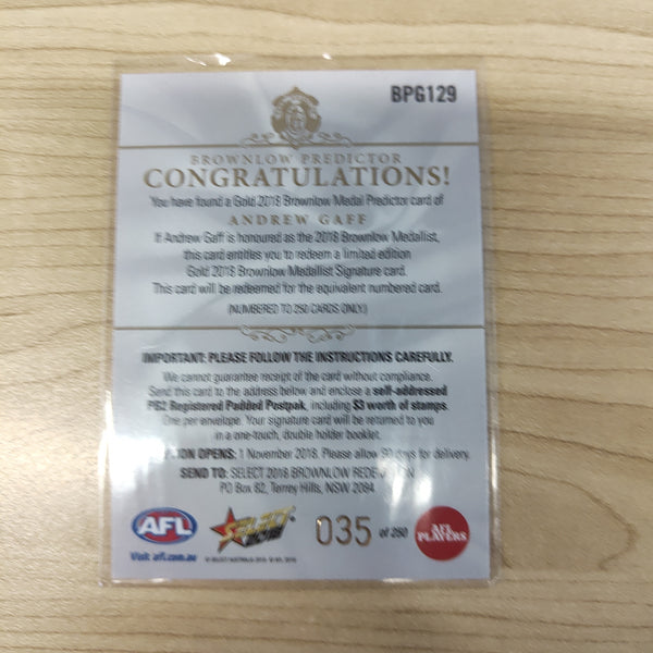 2018 Select Footy Stars Gold Brownlow Predictor Andrew Gaff West Coast 035/250