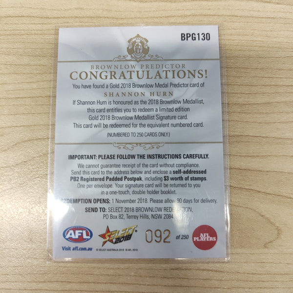 2018 Select Footy Stars Gold Brownlow Predictor Shannon Hurn West Coast 092/250