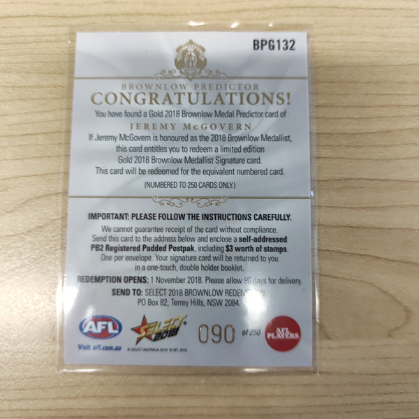 2018 Select Footy Stars Gold Brownlow Predictor Jeremy McGovern West Coast 090/250