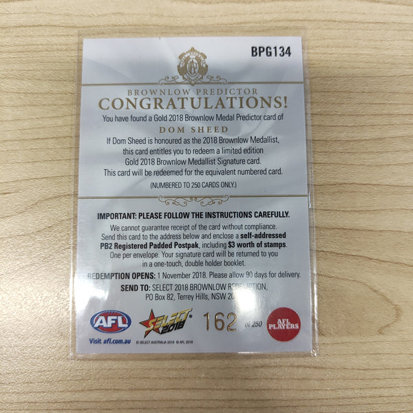 2018 Select Footy Stars Gold Brownlow Predictor Dom Sheed West Coast 162/250