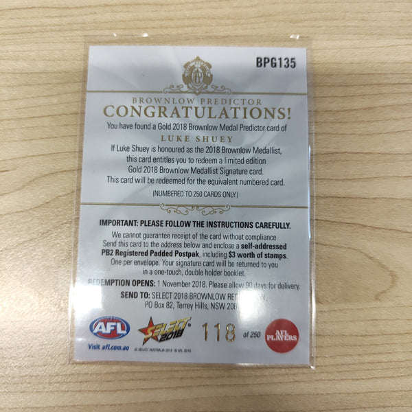 2018 Select Footy Stars Gold Brownlow Predictor Luke Shuey West Coast 118/250