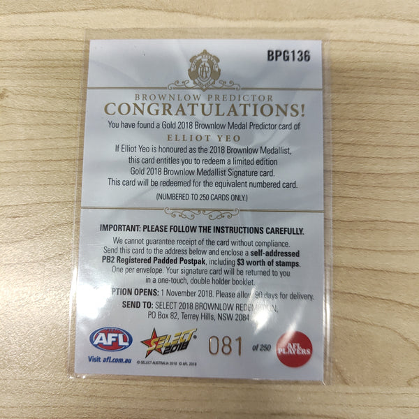 2018 Select Footy Stars Gold Brownlow Predictor Elliot Yeo West Coast 081/250