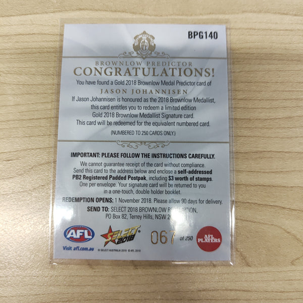 2018 Select Footy Stars Gold Brownlow Predictor Jason Johannisen Western Bulldogs 067/250