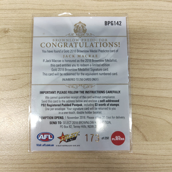 2018 Select Footy Stars Gold Brownlow Predictor Jack Macrae Western Bulldogs 173/250