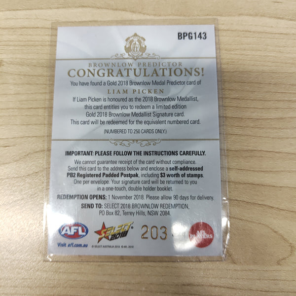 2018 Select Footy Stars Gold Brownlow Predictor Liam Picken Western Bulldogs 203/250