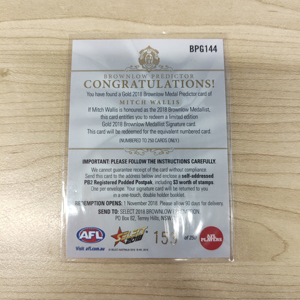 2018 Select Footy Stars Gold Brownlow Predictor Mitch Wallis Western Bulldogs 153/250