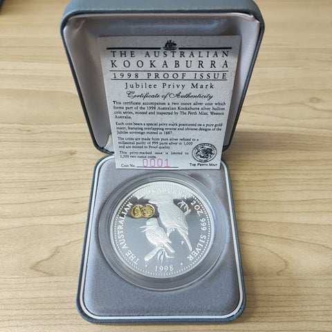 Australia 1998 Perth Mint Jubilee Privy Mark Kookaburra 2oz .999 Silver Proof Coin FIRST COIN ISSUED