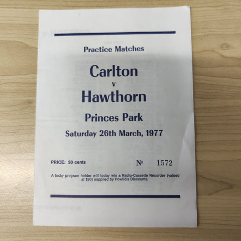 VFL 1977 March 26 Practice Match Football Record Carlton v Hawthorn