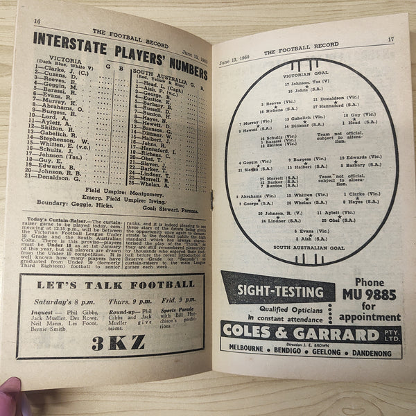 VFL SANFL 1960 June 13 State Of Origin South Australia v Victoria Football Record