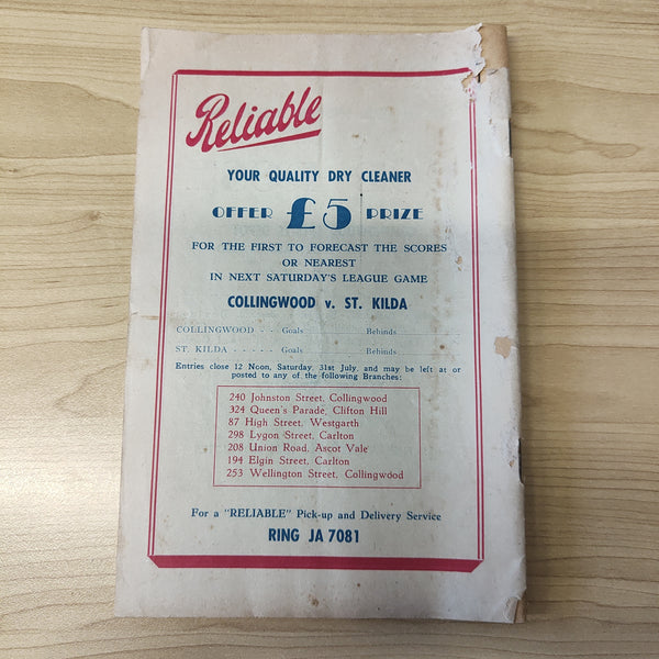 VFL 1954 Interstate Souvenir Football Record South Fremantle v Collingwood