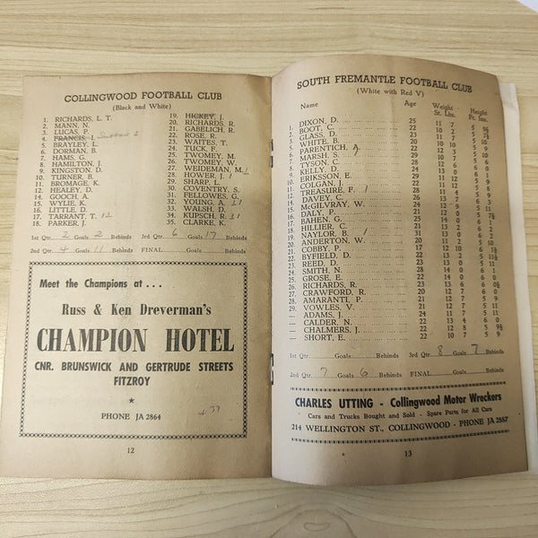 VFL 1954 Interstate Souvenir Football Record South Fremantle v Collingwood
