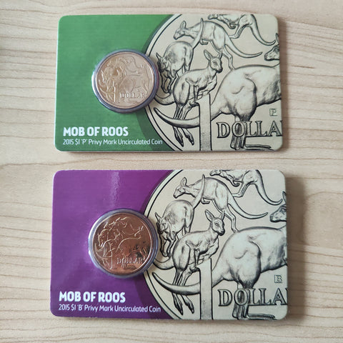 Australia 2015 Royal Australian Mint $1 Mob of Roos 2 x Uncirculated Privy Mark Carded Coins Brisbane  Perth