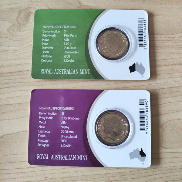 Australia 2015 Royal Australian Mint $1 Mob of Roos 2 x Uncirculated Privy Mark Carded Coins Brisbane  Perth