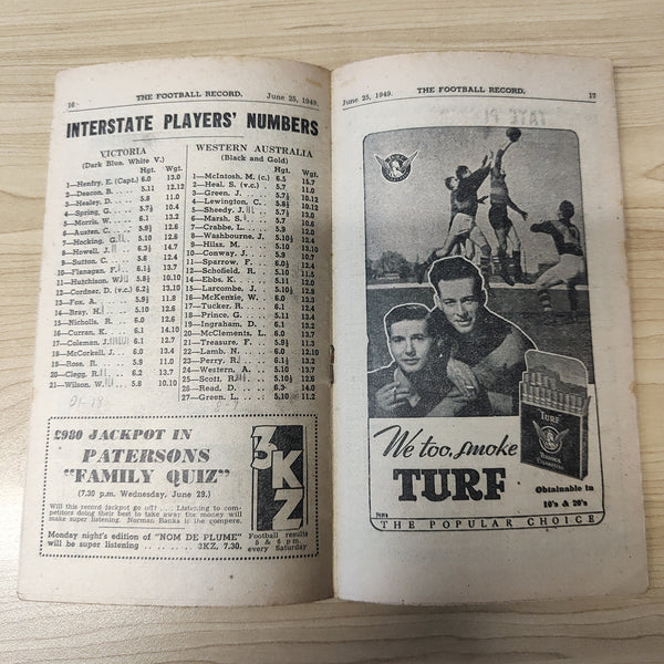VFL 1949 June 25 Victoria v Western Australia Football Record