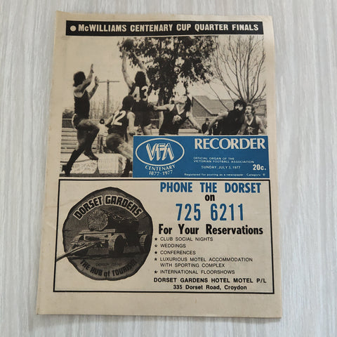 Football 1977 July 3 Victorian Football Association VFA Centenary Year Recorder Football  Magazine