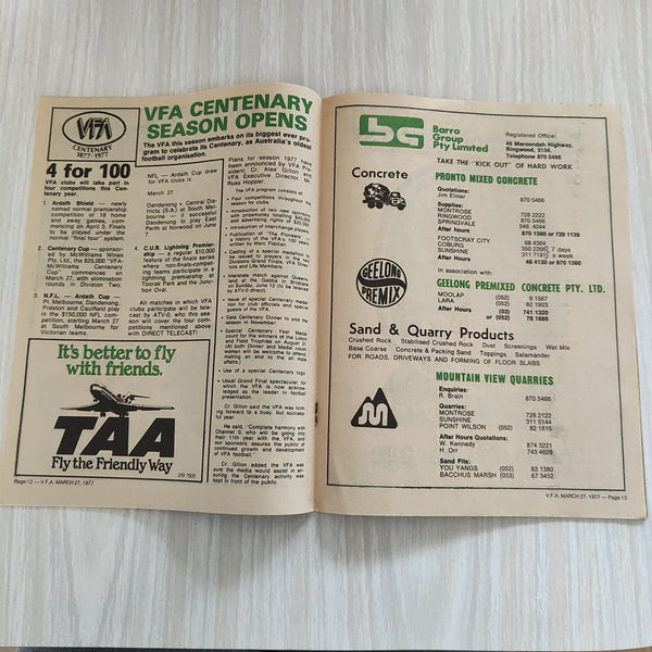 Football 1977  VFA Centenary Year March 27 National Football League Program Ardath Cup Dandenong v Central Districts South Australia Program
